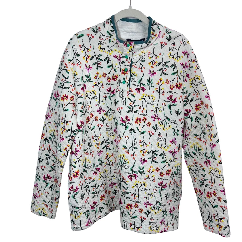 Lands End Womens Quilted Wildflower Snap Pullover Mock Neck Floral White Large